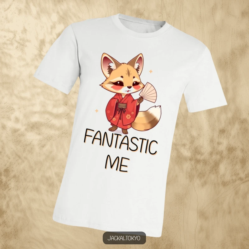 Funny t-shirt showing a jackal in a red kimono elegantly twirling a delicate fan, embodying grace and performance art.