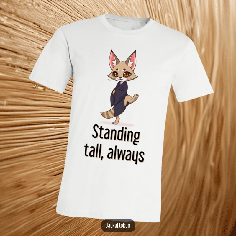 Funny graceful jackal in a dark kimono balancing on one leg on a t-shirt, showcasing poise and control.