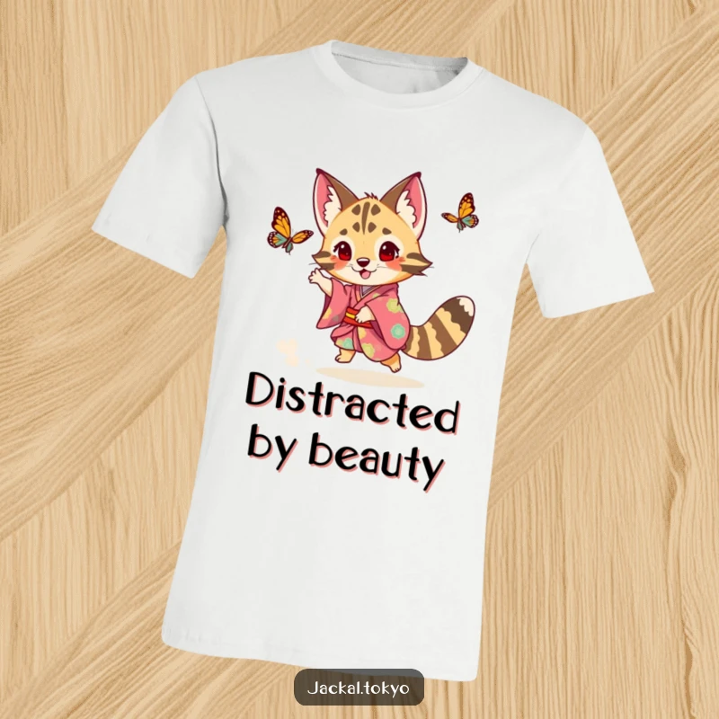 Funny playful jackal in a colorful kimono chasing a butterfly on a t-shirt, representing the joy of pursuit.