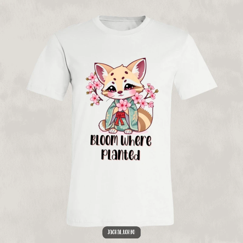 Funny Kawaii Jackal T-Shirt: Intricate kimono jackal delicately holds a blooming cherry blossom, showing funny artistry.
