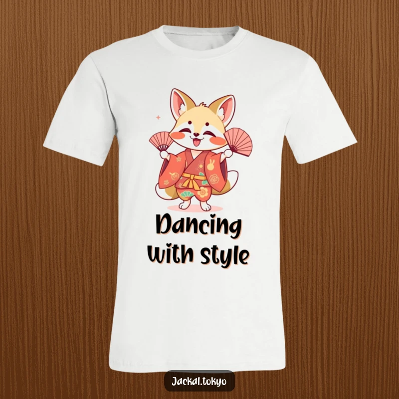 Funny kawaii jackal t-shirt, performing a fan dance, colorful kimono, joyful expression, cute animal tee.