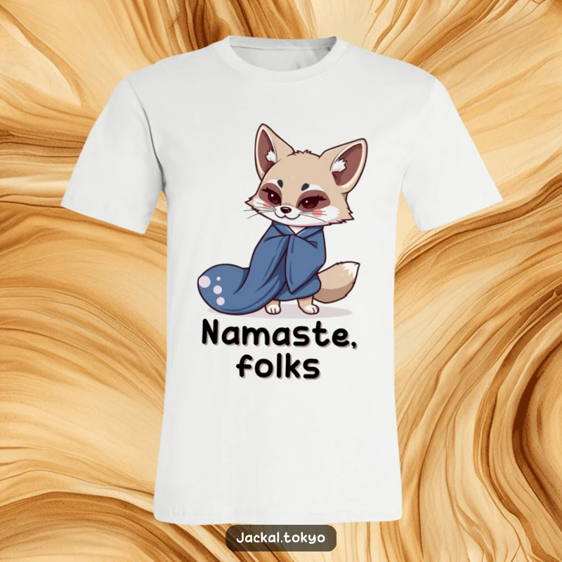 Funny t-shirt featuring a cute, kawaii jackal wearing a flowing indigo kimono, depicted in an elegant, graceful bowing pose.