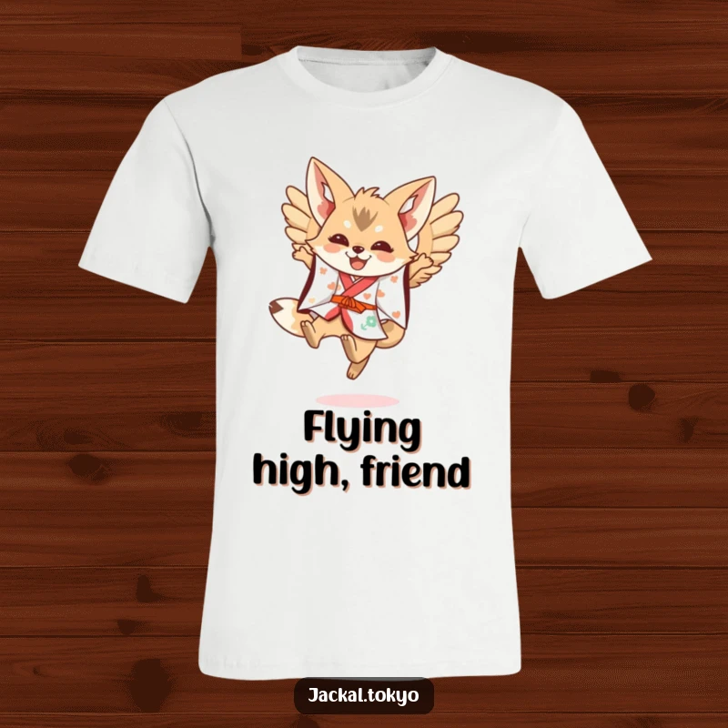 Funny Kawaii Jackal T-Shirt: A jackal in a festive kimono leaps with spread wings, showing funny celebration.