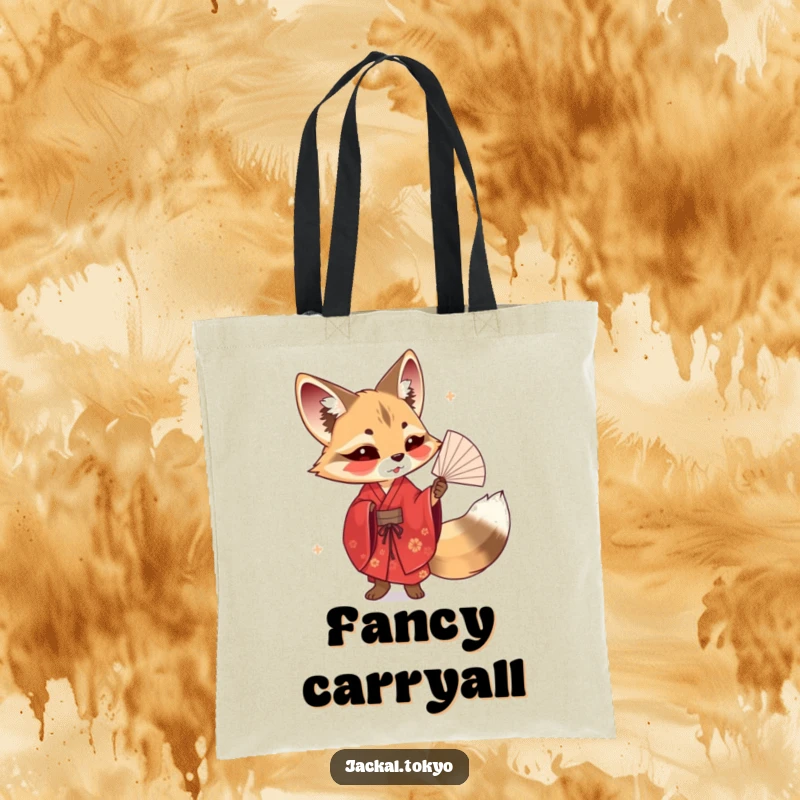 Funny tote bag featuring a jackal in a red kimono elegantly twirling a delicate fan, embodying performance art and flair.