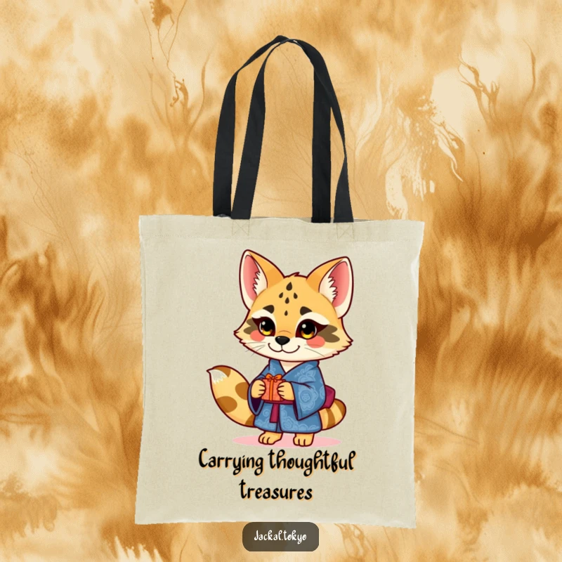 Funny charming jackal in an ornate blue kimono offering a small gift on a tote bag, symbolizing thoughtful gestures.