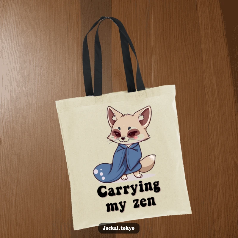 Funny tote bag featuring a cute, kawaii jackal in an indigo kimono gracefully bowing, embodying elegant Japanese artistry.